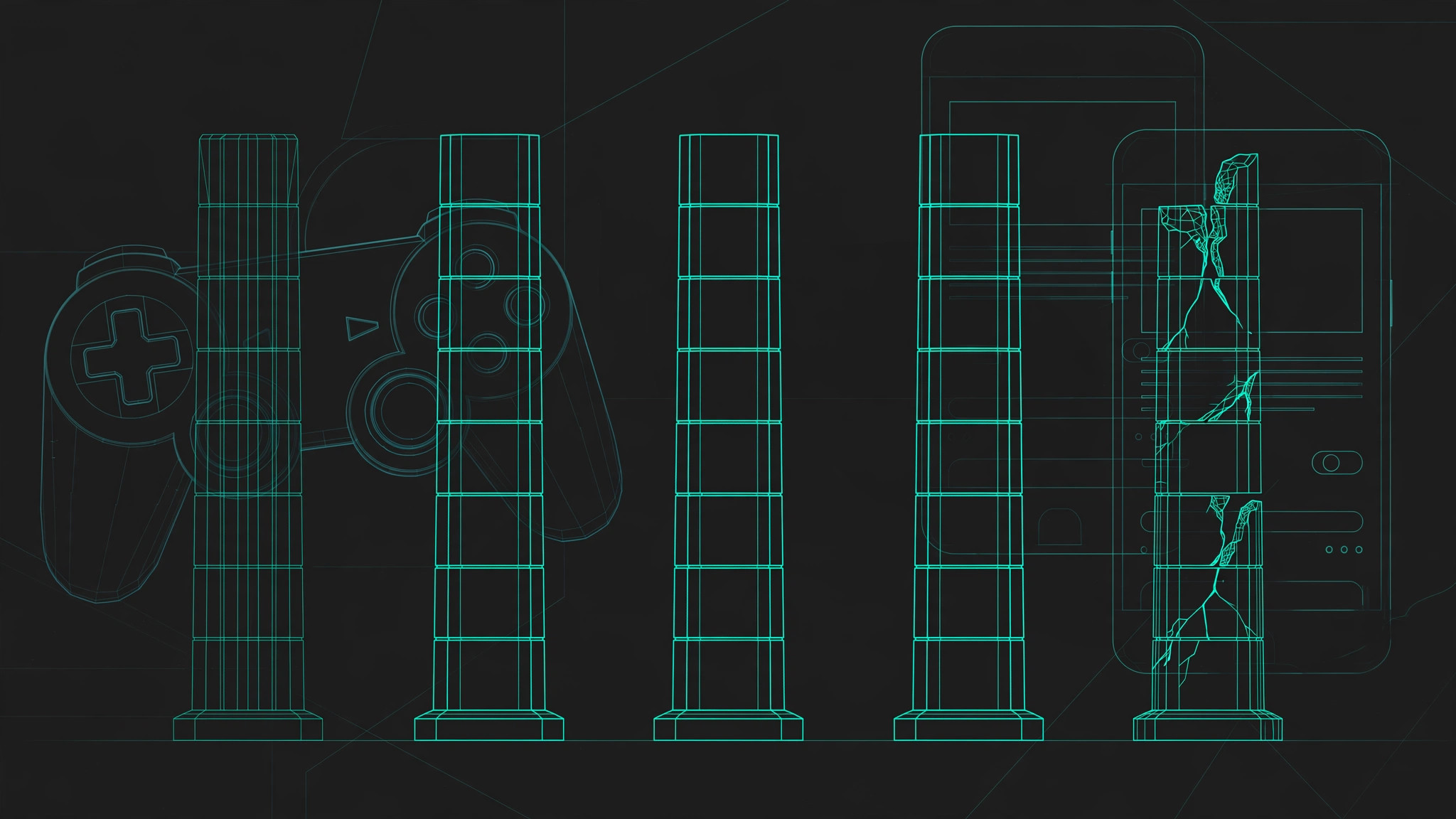 Five stone pillars in teal line art, four standing strong and one half-built, with a game engine and ad network linework behind