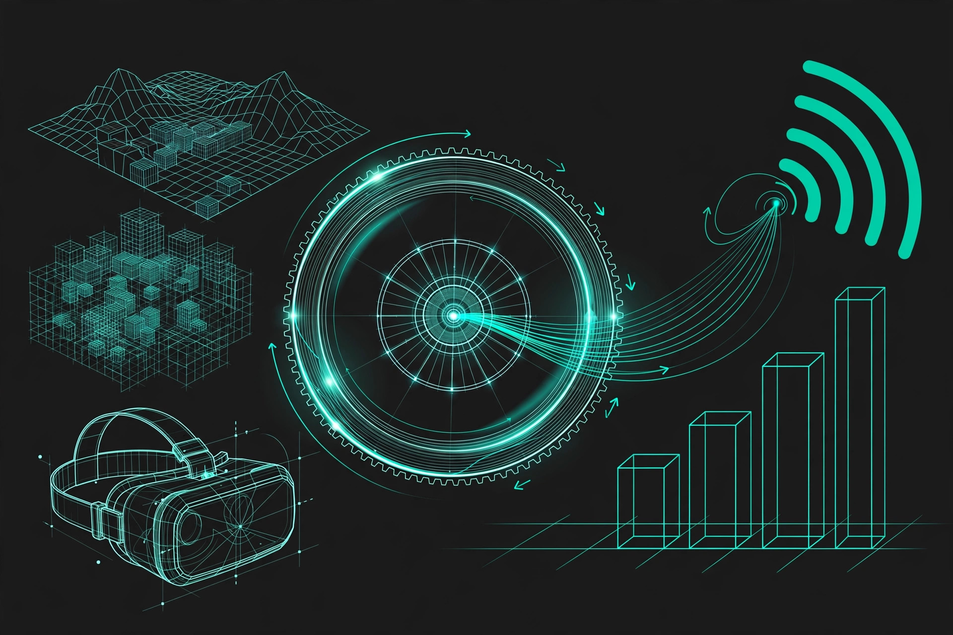 Game engine and advertising flywheel rendered as teal line art on dark charcoal