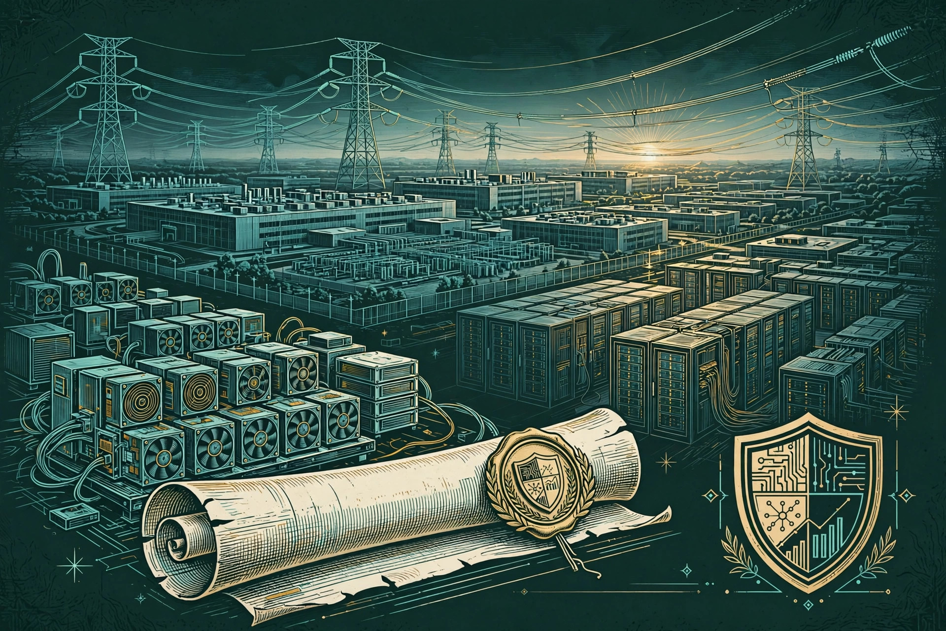 A data center campus with transmission towers at dawn, mining rigs fading into AI server halls, teal line art on deep green