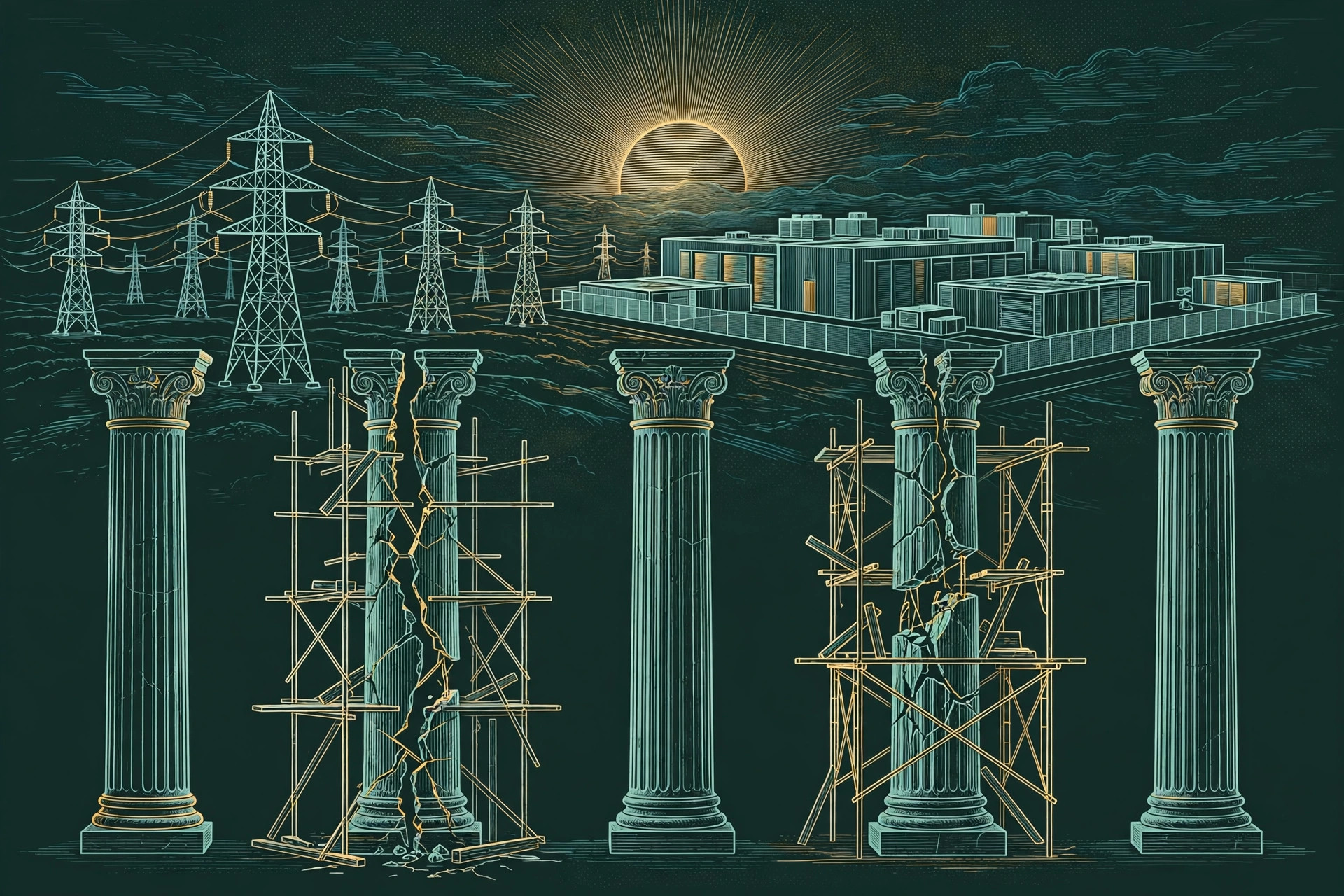 Five stone pillars, two cracked and scaffolded, with transmission towers and a data center behind, teal line art on deep green