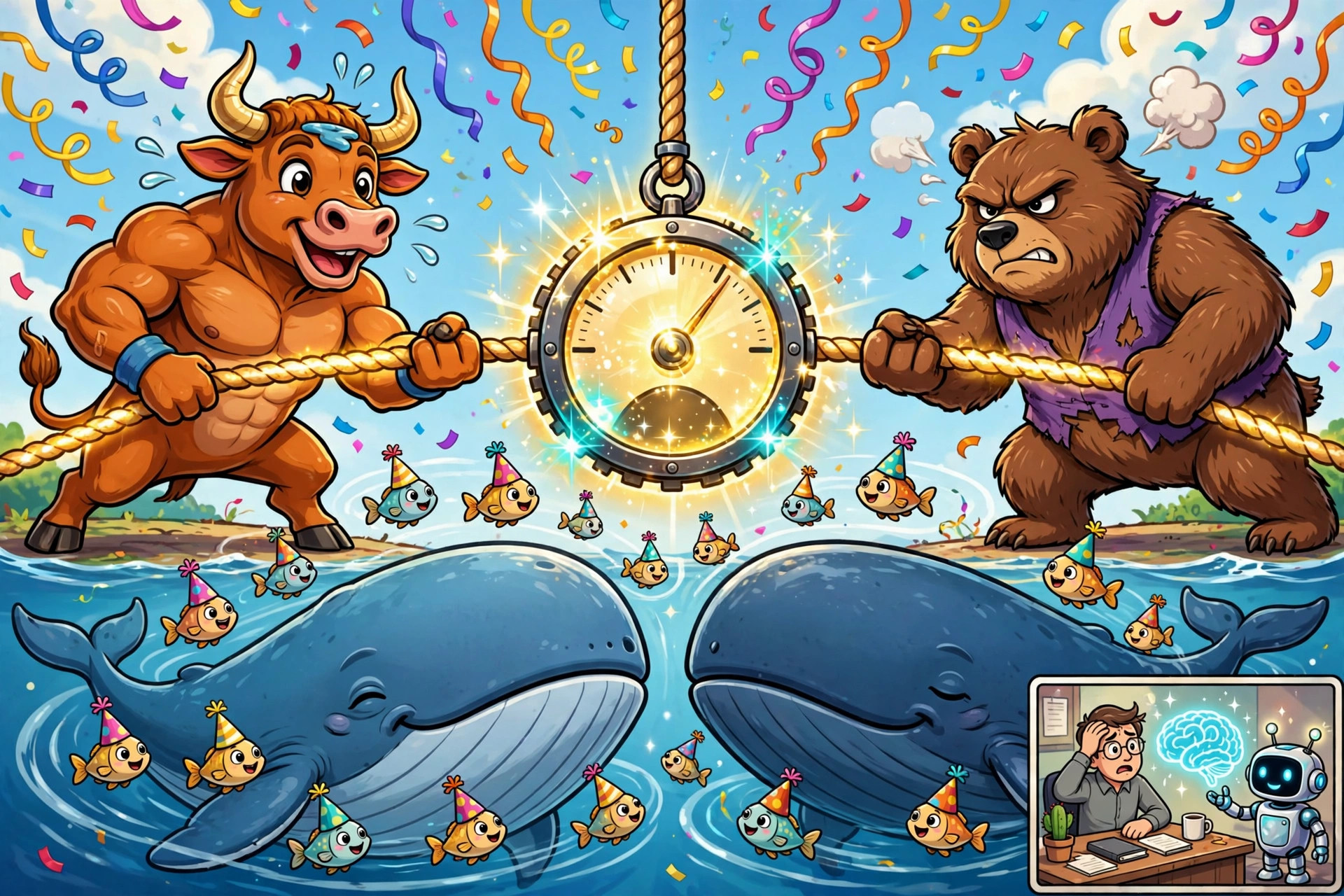 A cartoon bull and bear in a tug-of-war over a glowing jobs-report gauge, while whales and party-hat fish watch.